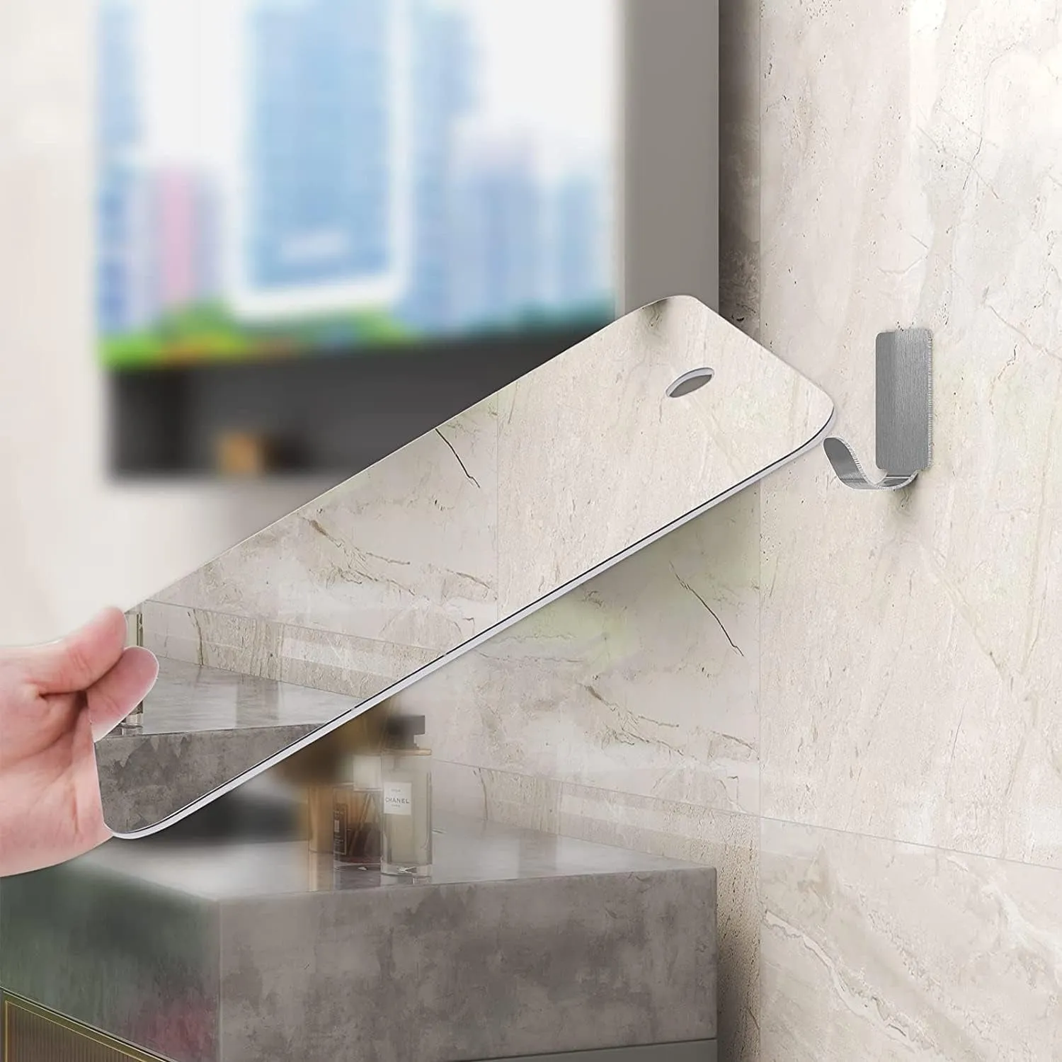 -Large Fogless Shower Mirror （11Inx7.48In）, Includes 1 Adhesive Hooks, Anit-Fog Shower Mirror, Shower Makeup Shave Mirror, Frameless Shower Mirror, Wall Hanging Mirror (Large, 1 Pack)