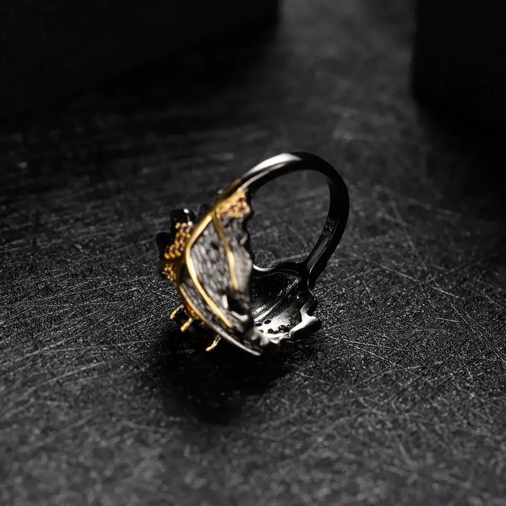 0.75Ct Natural Smoky Quartz Handmade Ring – 925 Sterling Silver Georgia O'Keeffe Leaf Design