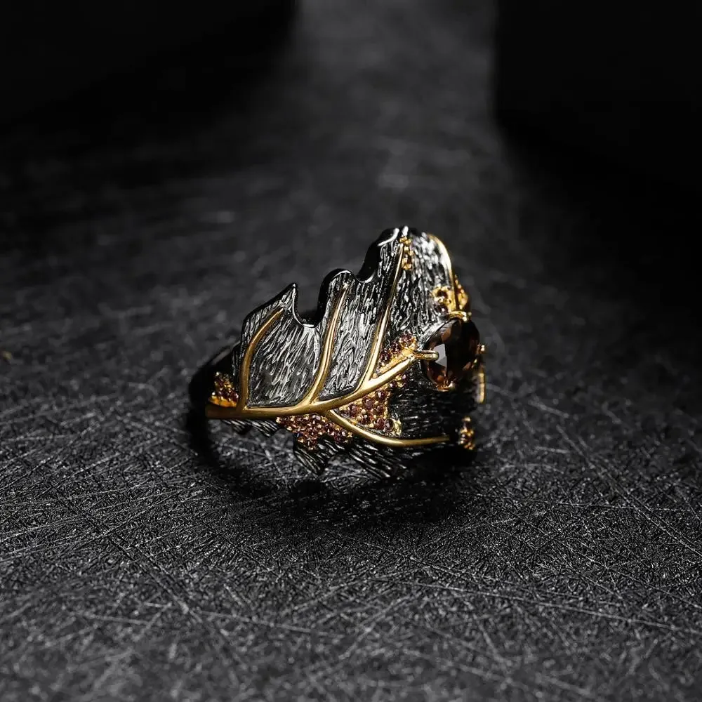 0.75Ct Natural Smoky Quartz Handmade Ring – 925 Sterling Silver Georgia O'Keeffe Leaf Design