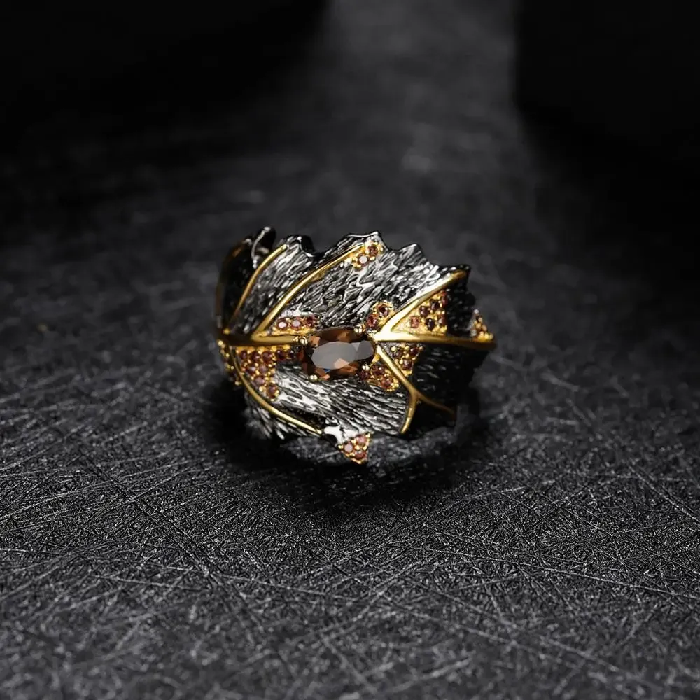 0.75Ct Natural Smoky Quartz Handmade Ring – 925 Sterling Silver Georgia O'Keeffe Leaf Design