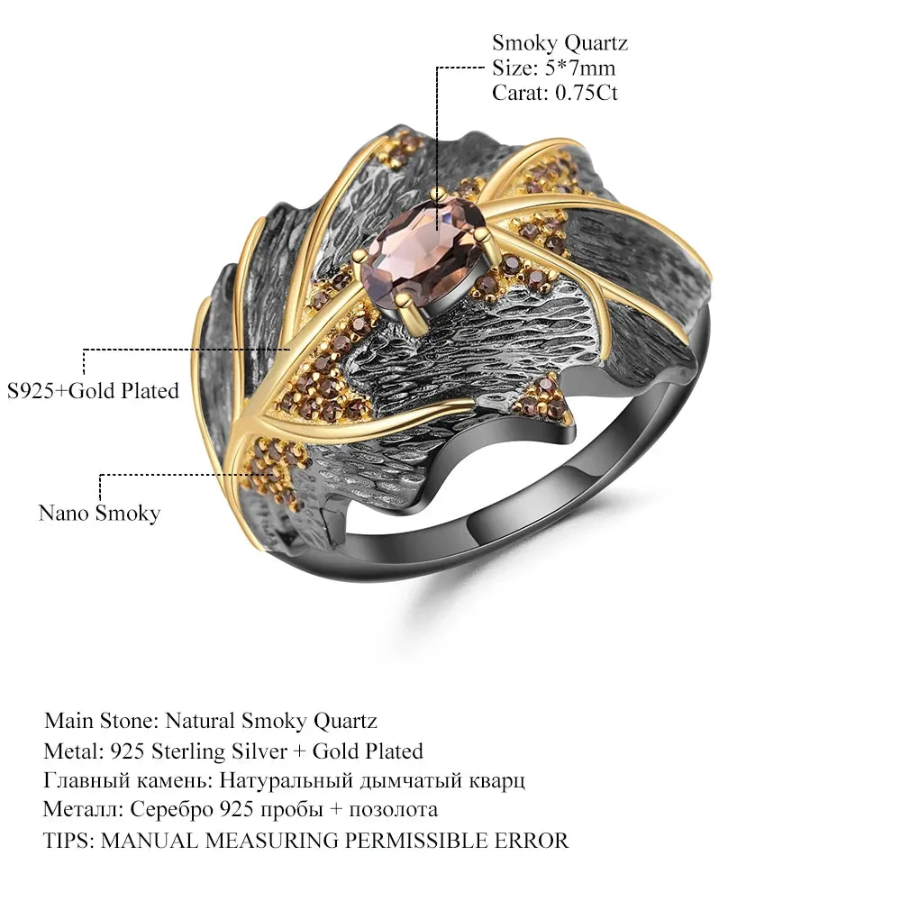0.75Ct Natural Smoky Quartz Handmade Ring – 925 Sterling Silver Georgia O'Keeffe Leaf Design