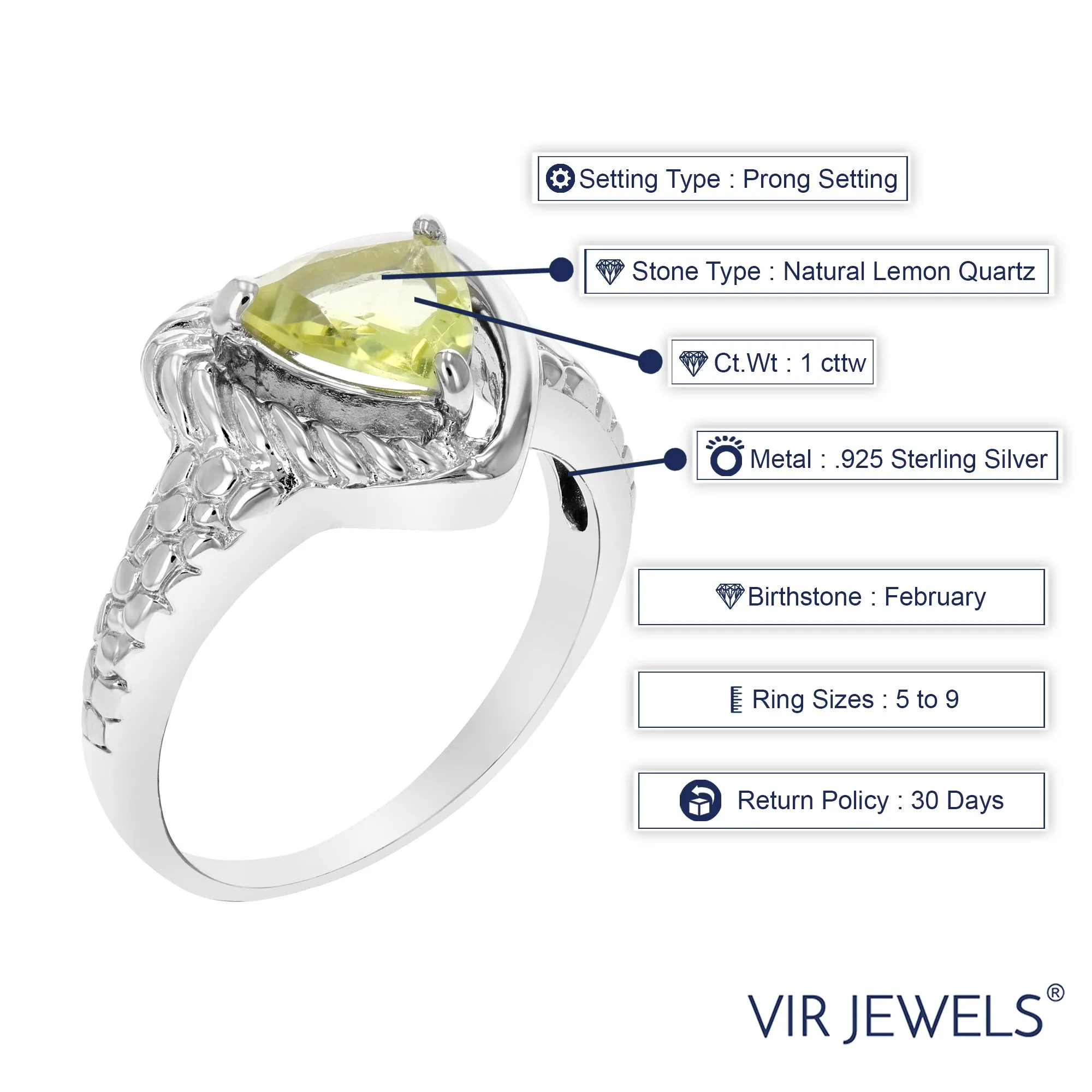 1 cttw Lemon Quartz Ring .925 Sterling Silver with Rhodium Triangle Shape 7 MM