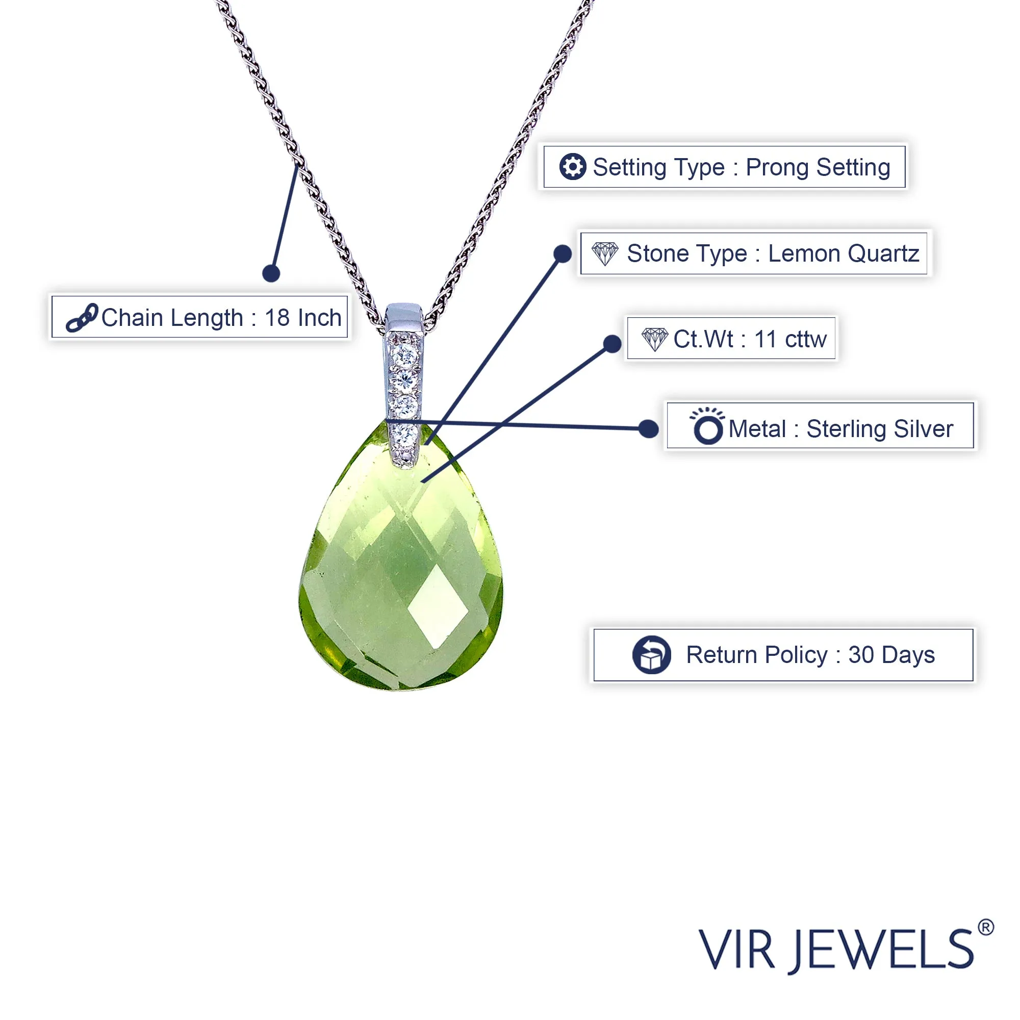 11 cttw Pear Shape Lemon Quartz Pendant .925 Sterling Silver with 18 Inch Chain