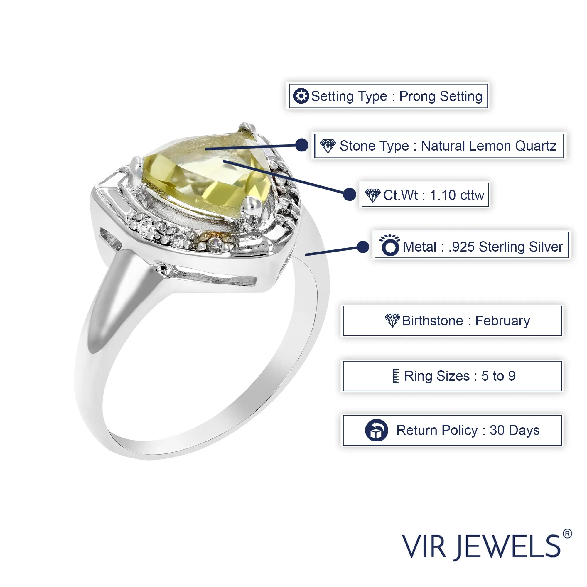 1.10 cttw Lemon Quartz Ring .925 Sterling Silver with Rhodium Trillion Cut 8 MM