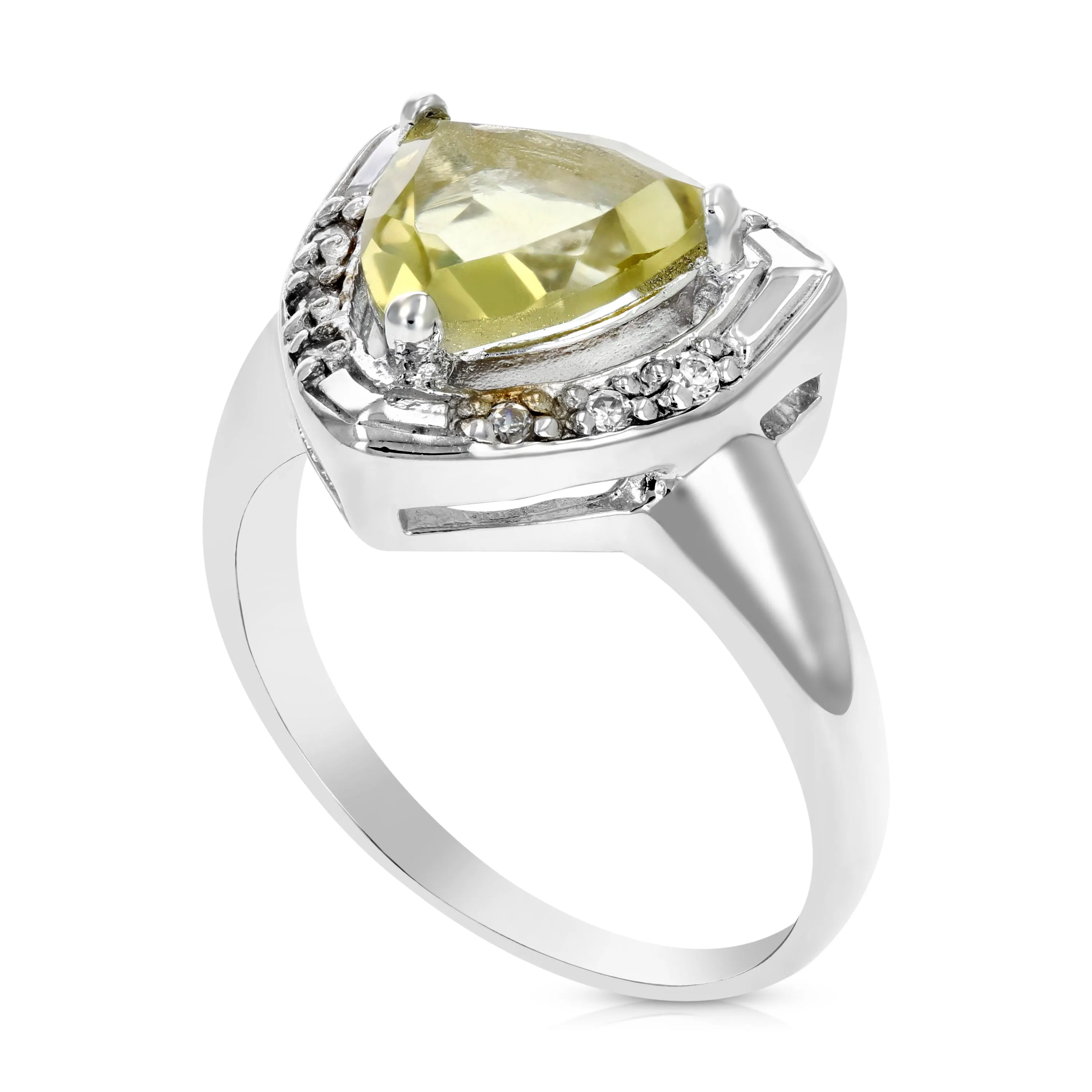 1.10 cttw Lemon Quartz Ring .925 Sterling Silver with Rhodium Trillion Cut 8 MM
