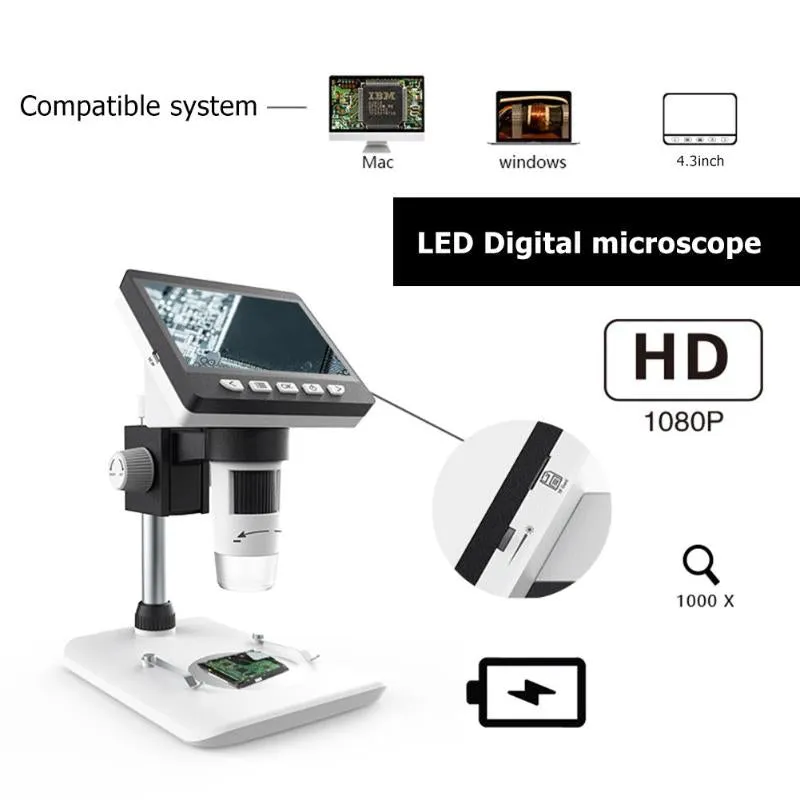 1200/1000X4.3 Inch Digital Microscope HD 1080P Electronic Desktop Soldering LCD Magnifier Magnify Glass Set Support 10 Languages