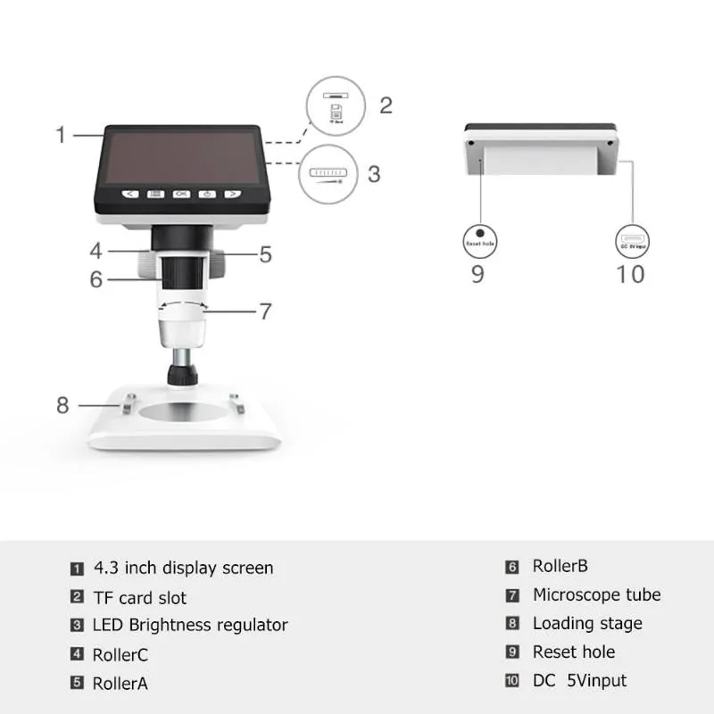 1200/1000X4.3 Inch Digital Microscope HD 1080P Electronic Desktop Soldering LCD Magnifier Magnify Glass Set Support 10 Languages