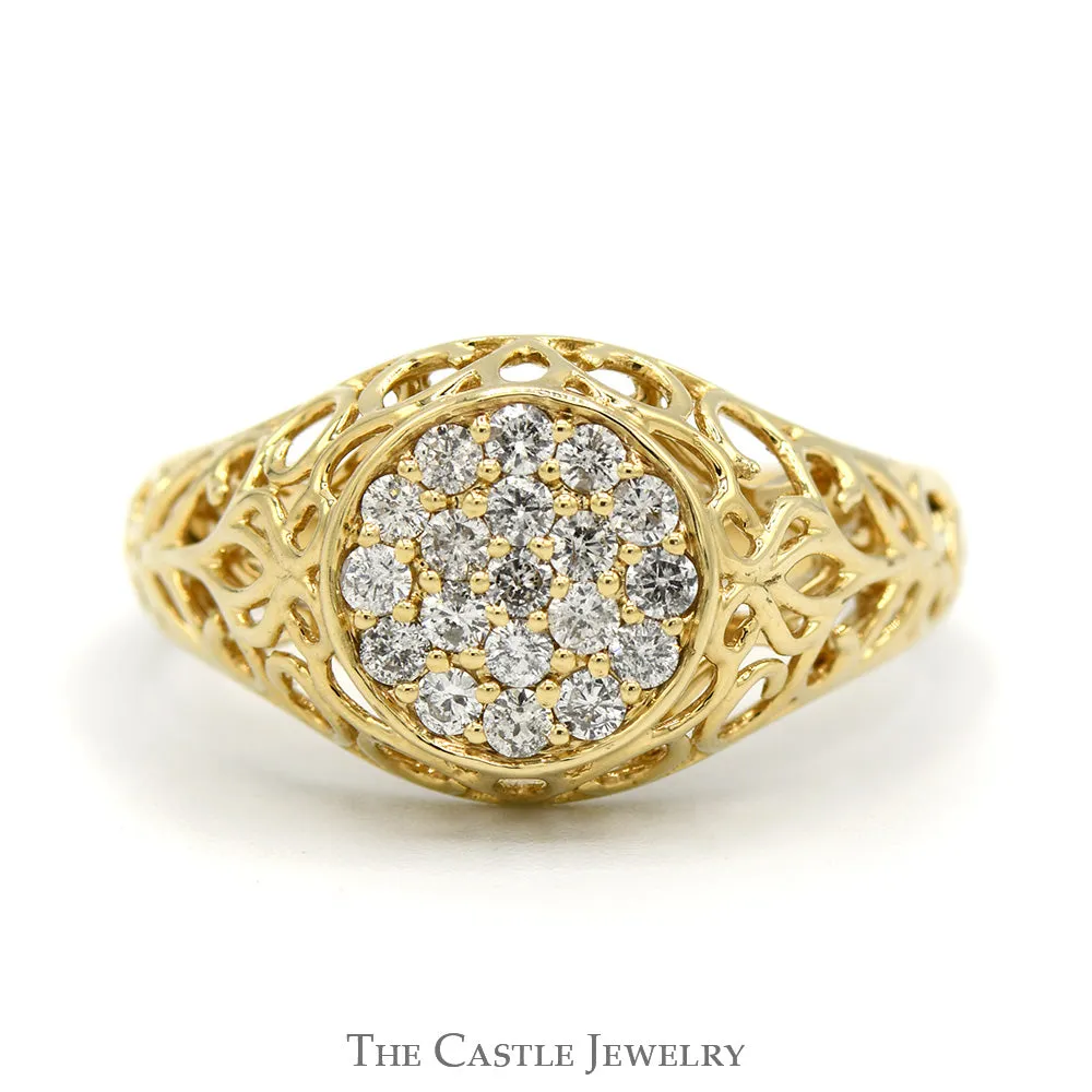 1/2cttw Diamond Kentucky Cluster Ring with Open Filigree Sides in 10k Yellow Gold