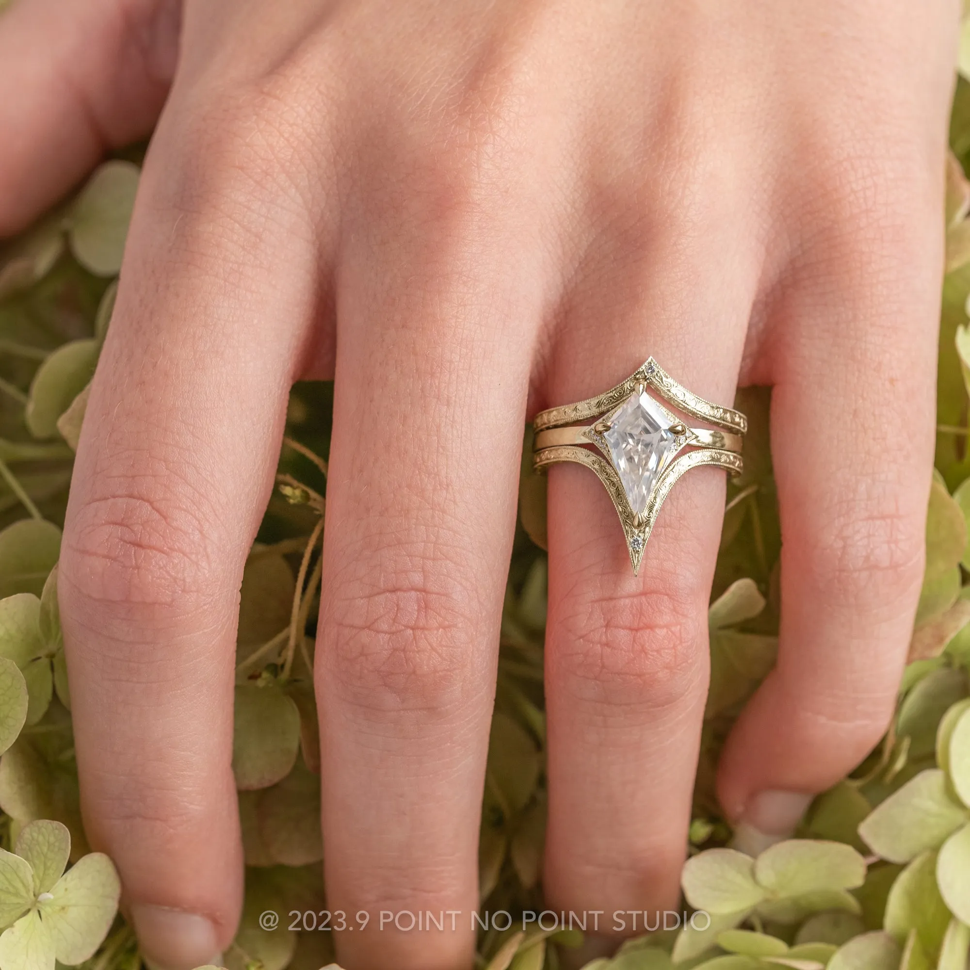 1.31 Carat Kite Moissanite and Diamond Engagement Ring, Aela Setting, 14k Yellow Gold
