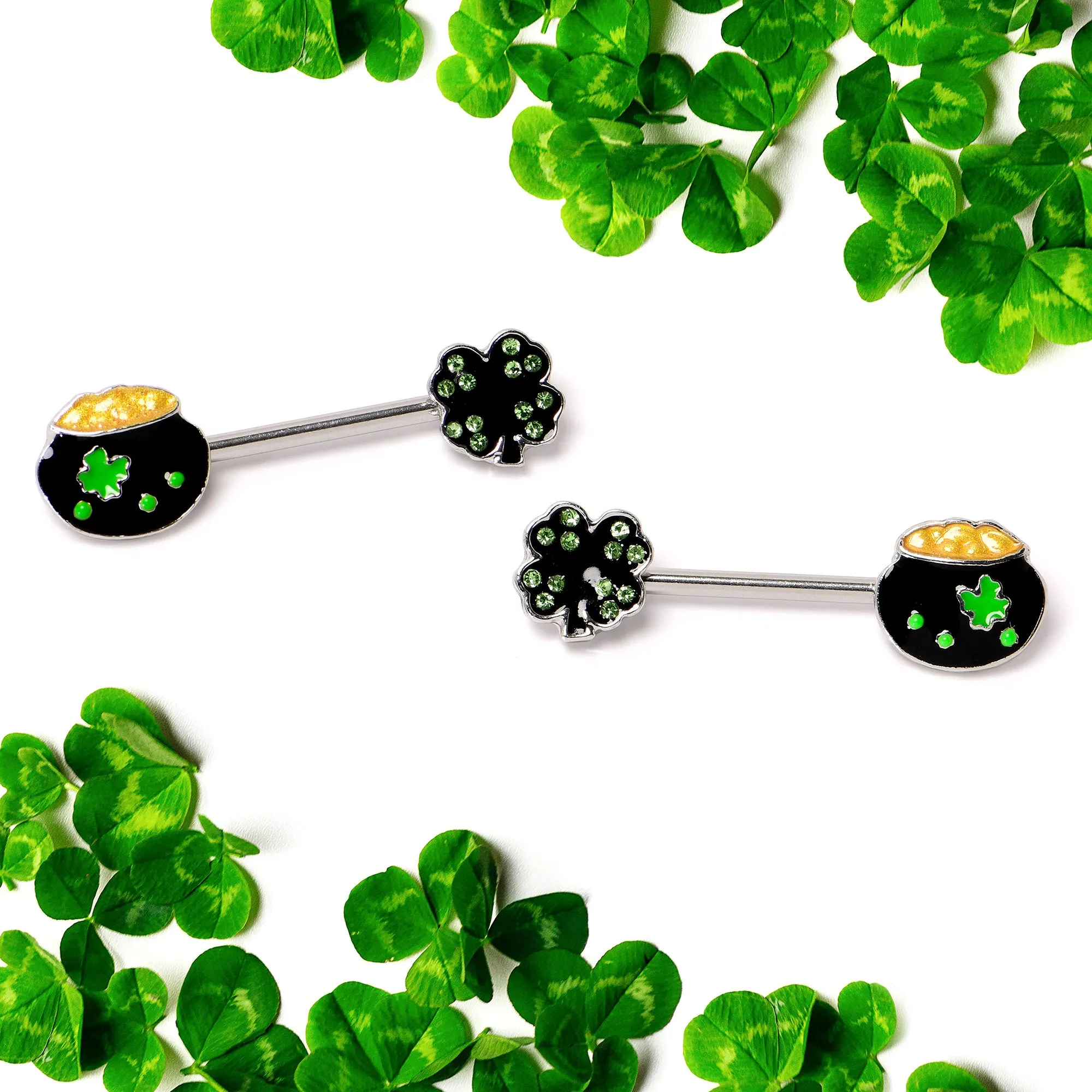 14 Gauge 9/16 Green Gem Shamrock Pot of Gold Barbell Nipple Ring Set