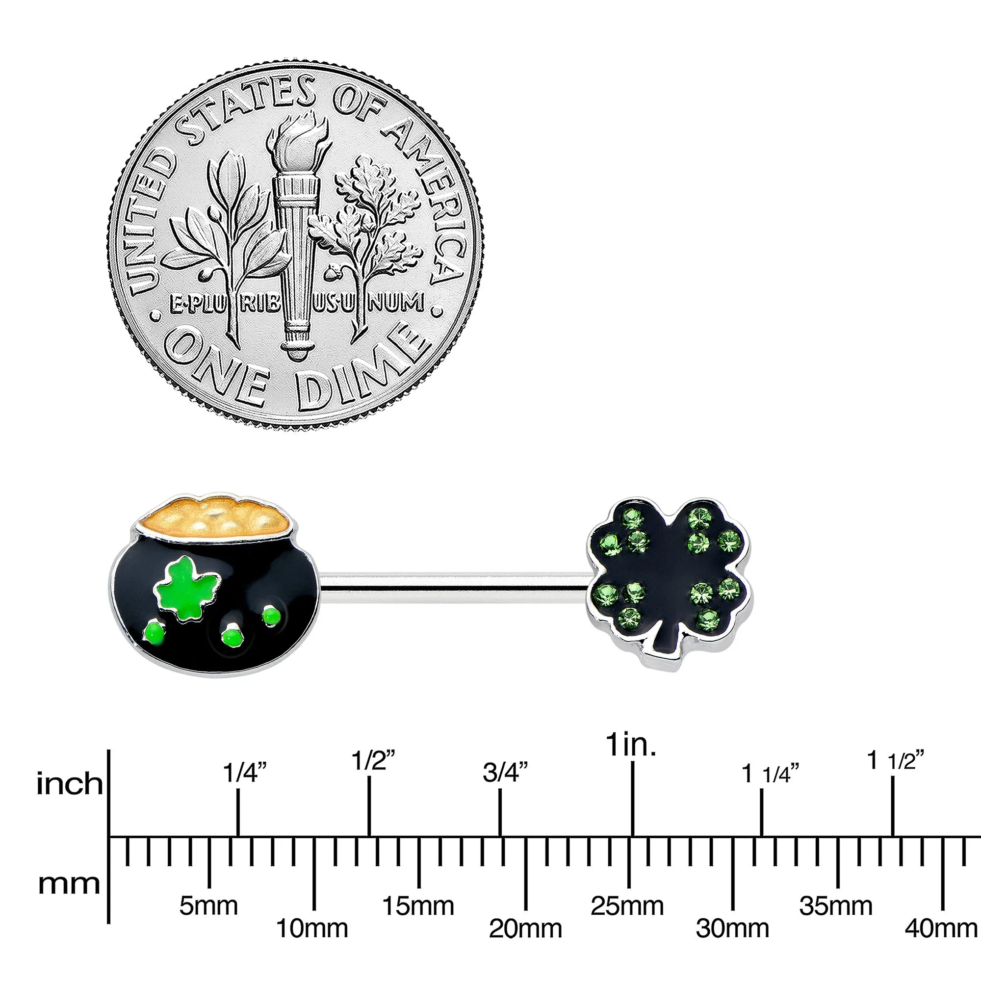 14 Gauge 9/16 Green Gem Shamrock Pot of Gold Barbell Nipple Ring Set