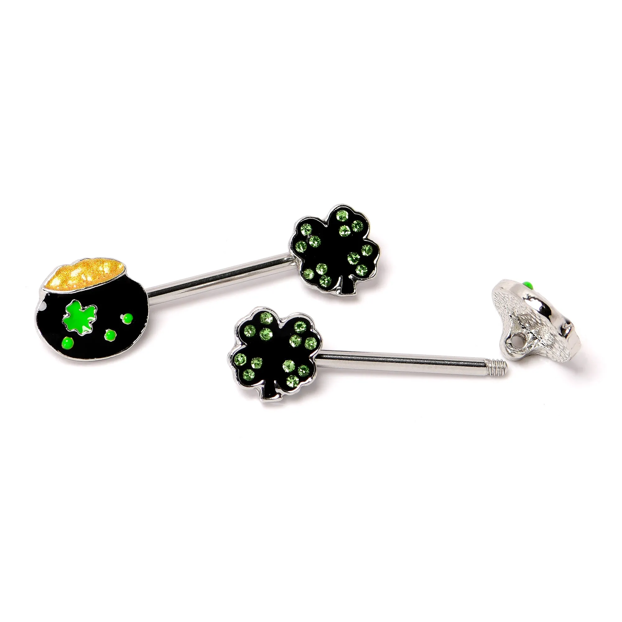14 Gauge 9/16 Green Gem Shamrock Pot of Gold Barbell Nipple Ring Set