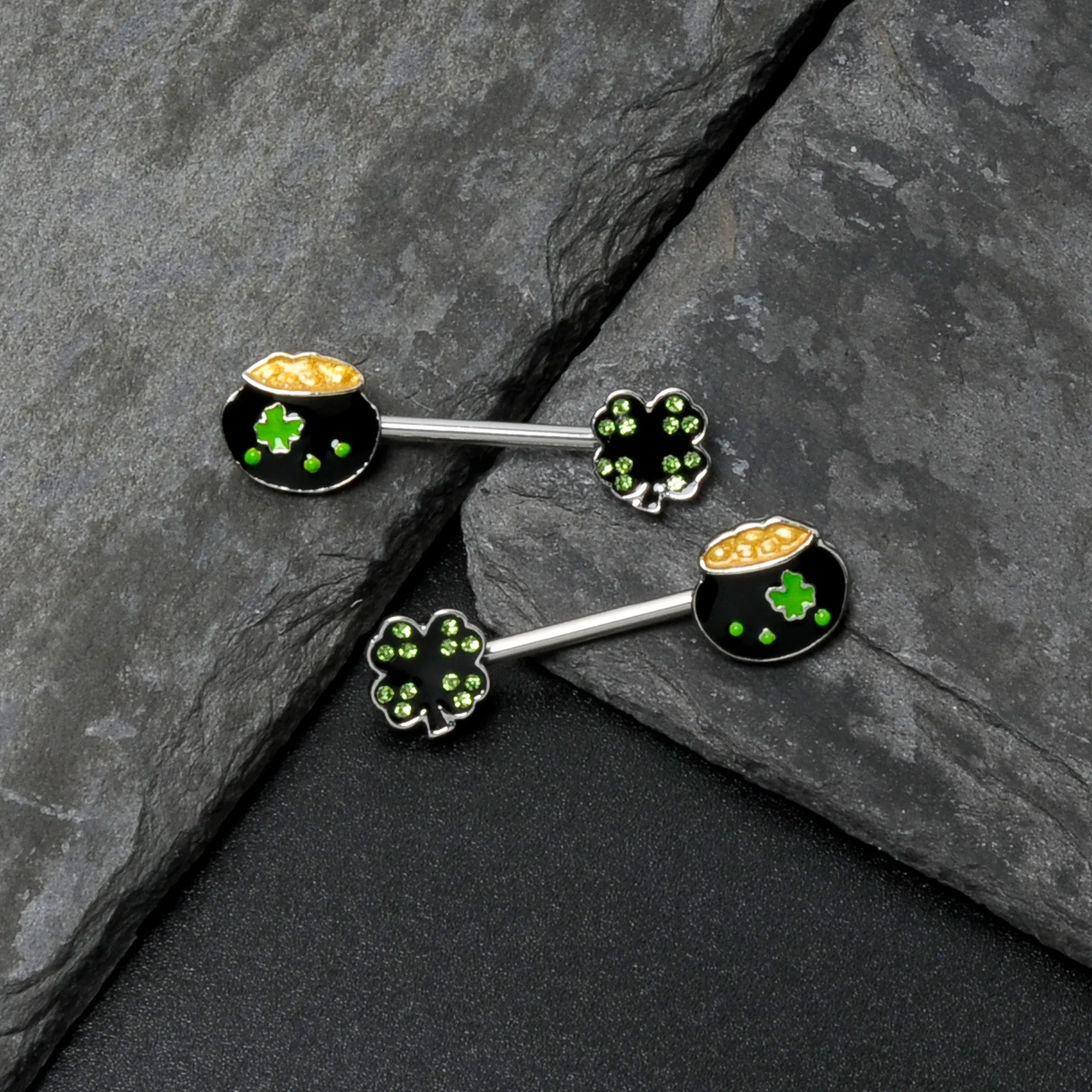 14 Gauge 9/16 Green Gem Shamrock Pot of Gold Barbell Nipple Ring Set