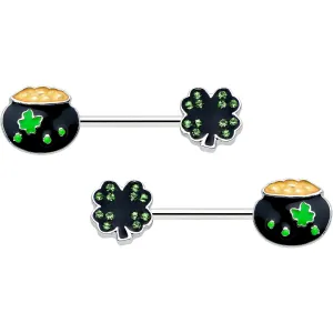 14 Gauge 9/16 Green Gem Shamrock Pot of Gold Barbell Nipple Ring Set