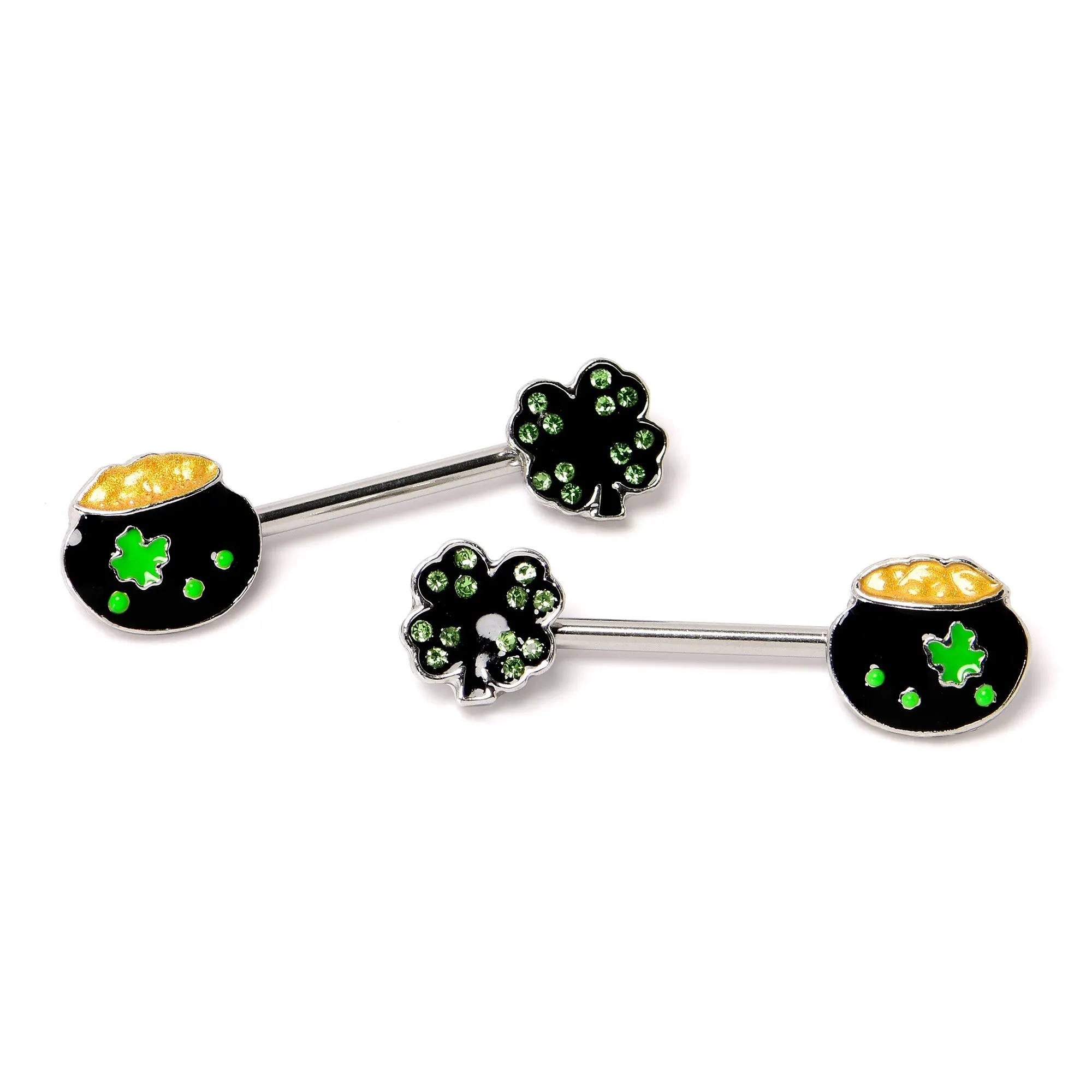 14 Gauge 9/16 Green Gem Shamrock Pot of Gold Barbell Nipple Ring Set