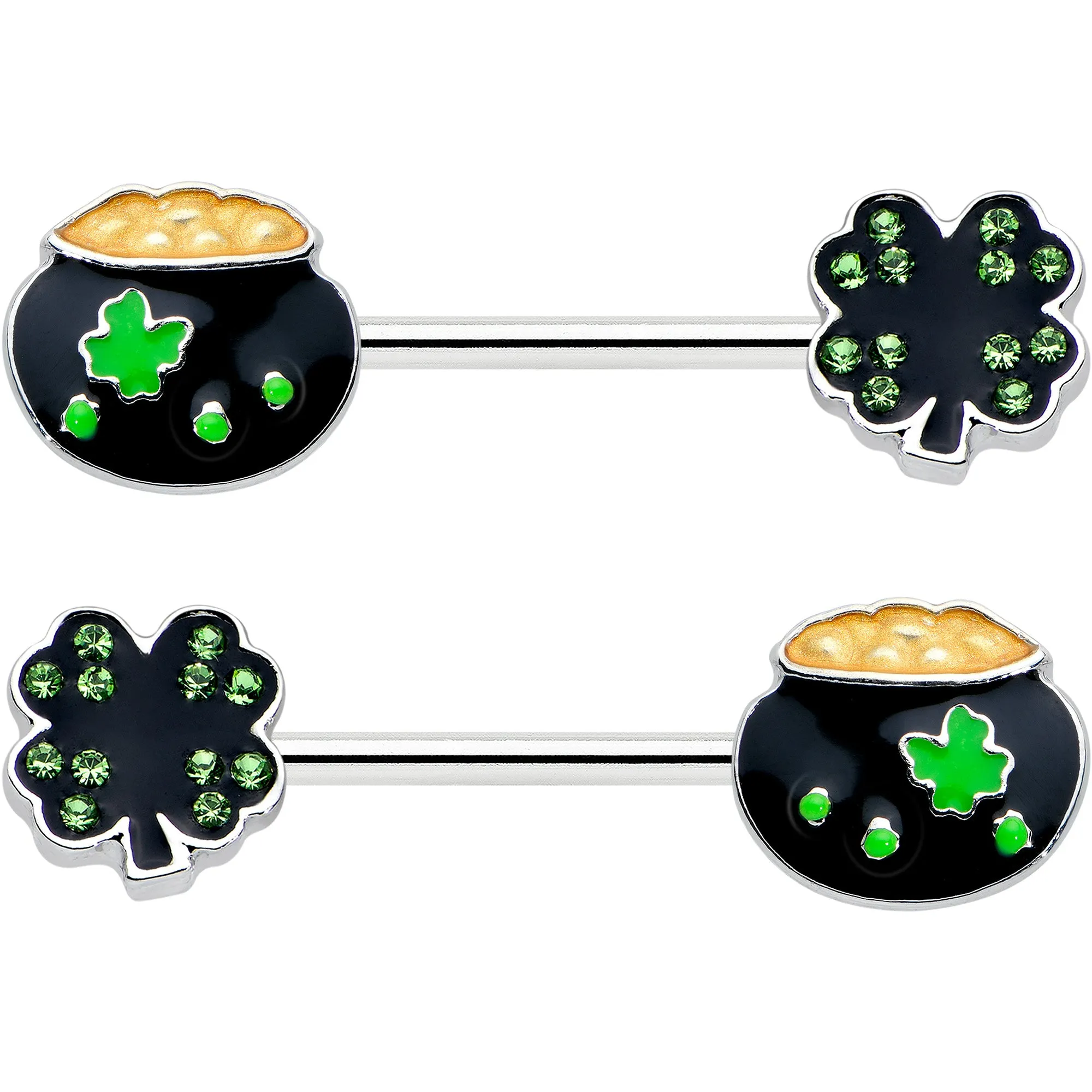14 Gauge 9/16 Green Gem Shamrock Pot of Gold Barbell Nipple Ring Set