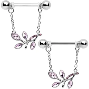 14 Gauge 9/16 Pink Gem Leaves of Love Chain Dangle Nipple Ring Set