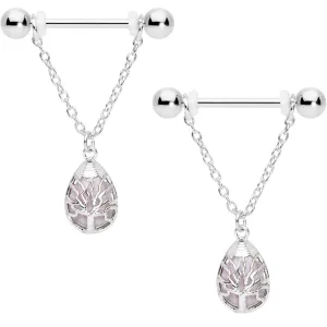 14 Gauge 9/16 Pink Rose Quartz Drop Tree Chain Dangle Nipple Ring Set