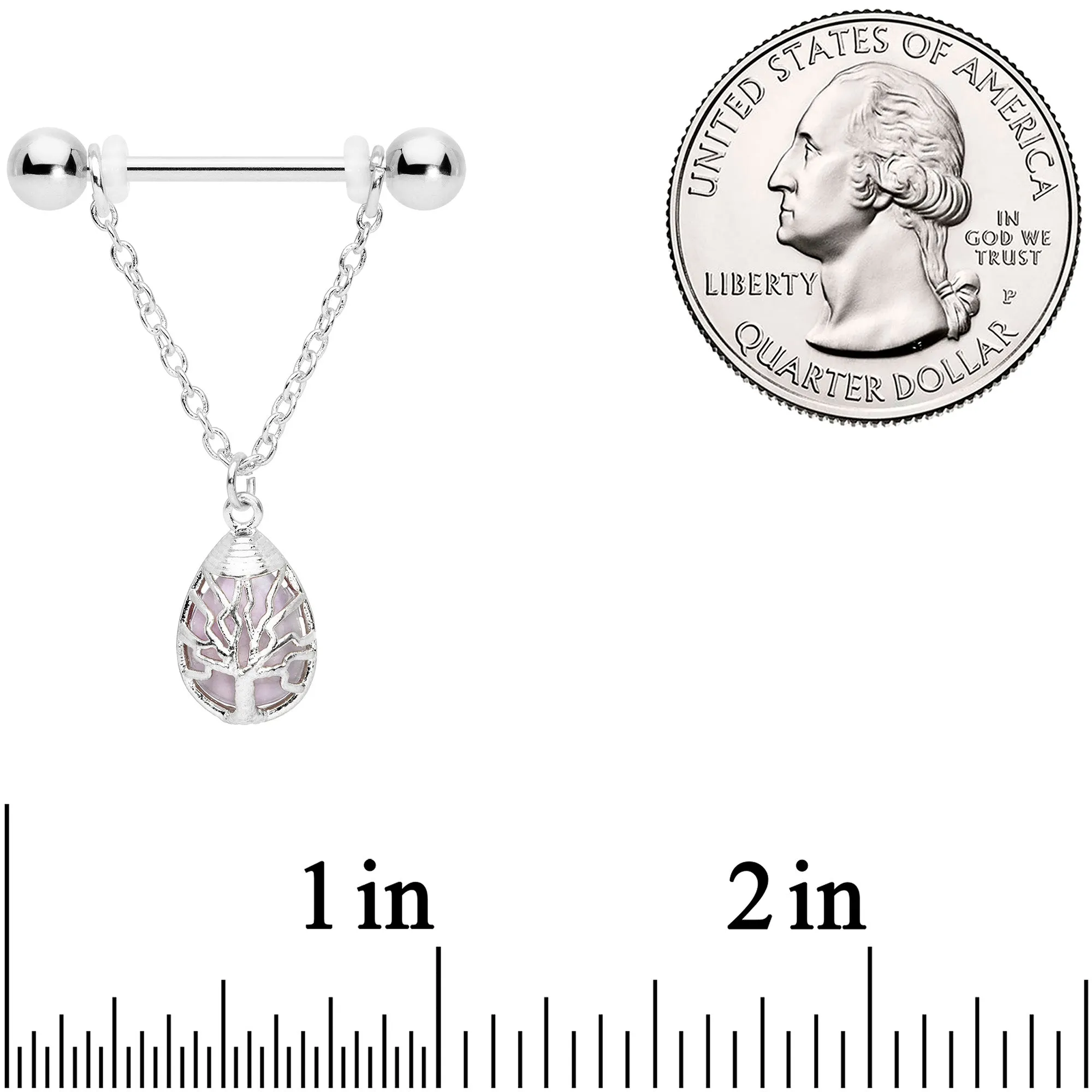 14 Gauge 9/16 Pink Rose Quartz Drop Tree Chain Dangle Nipple Ring Set