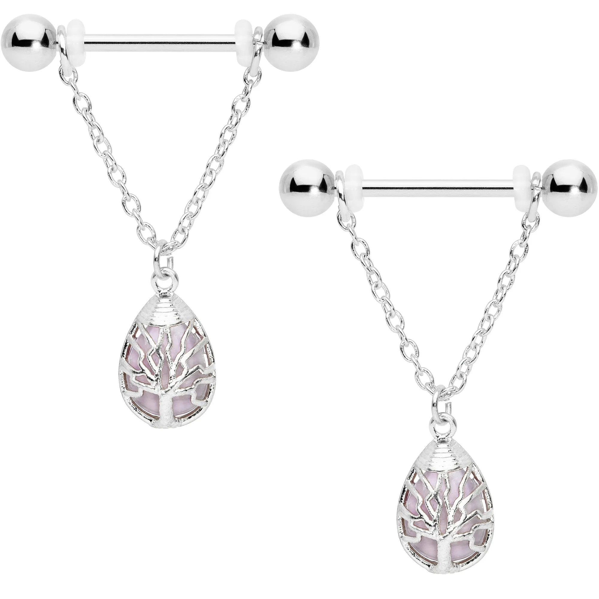 14 Gauge 9/16 Pink Rose Quartz Drop Tree Chain Dangle Nipple Ring Set