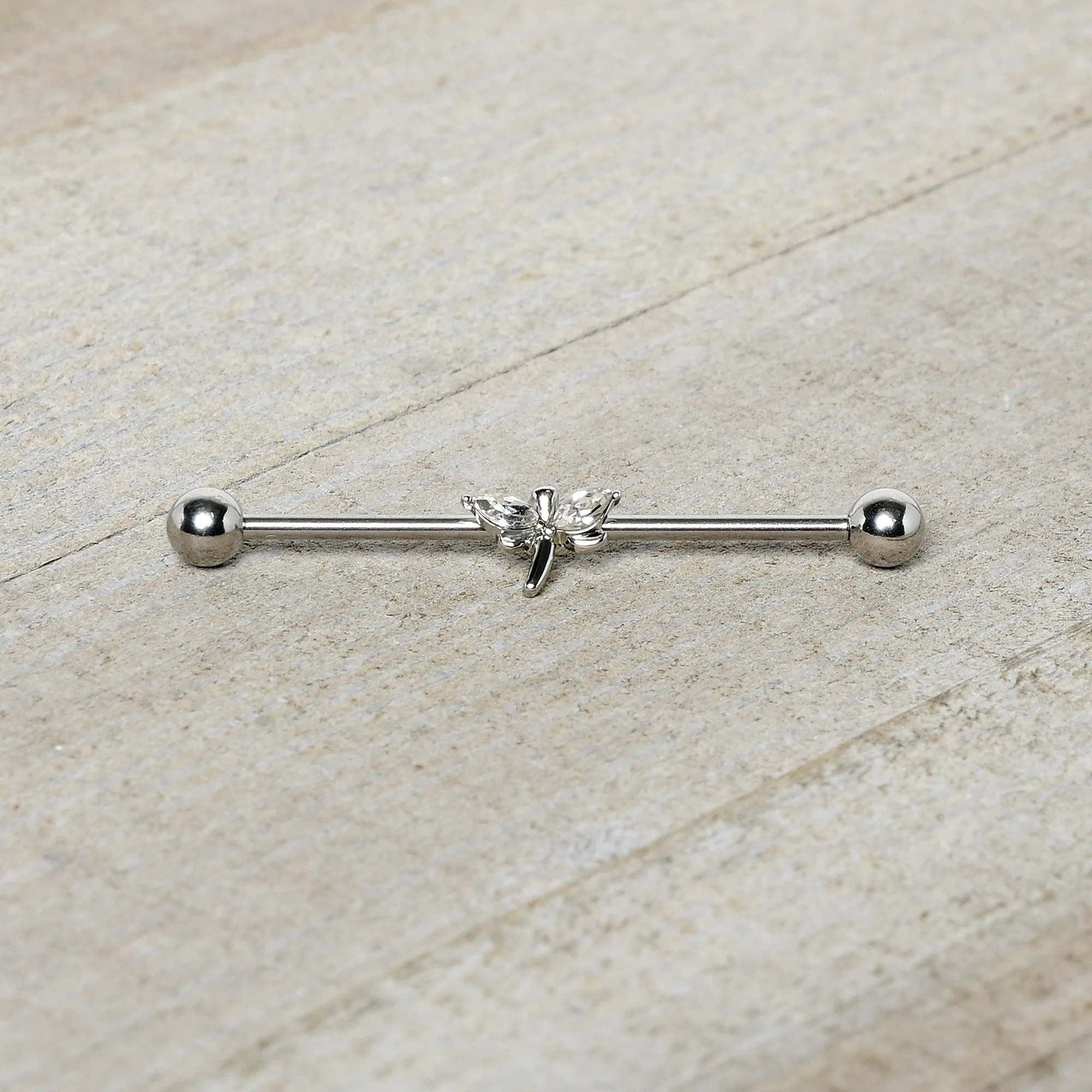 14 Gauge Clear Gem Simple Stylized Dragonfly Industrial Barbell 38mm