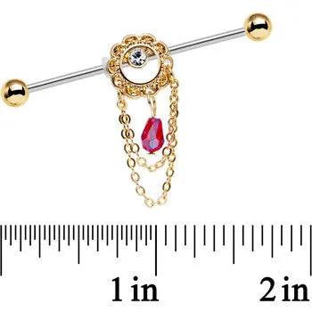 14 Gauge Pinkish Red Gem Ornate Flower Crown Industrial Barbell 38mm
