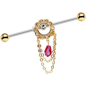 14 Gauge Pinkish Red Gem Ornate Flower Crown Industrial Barbell 38mm