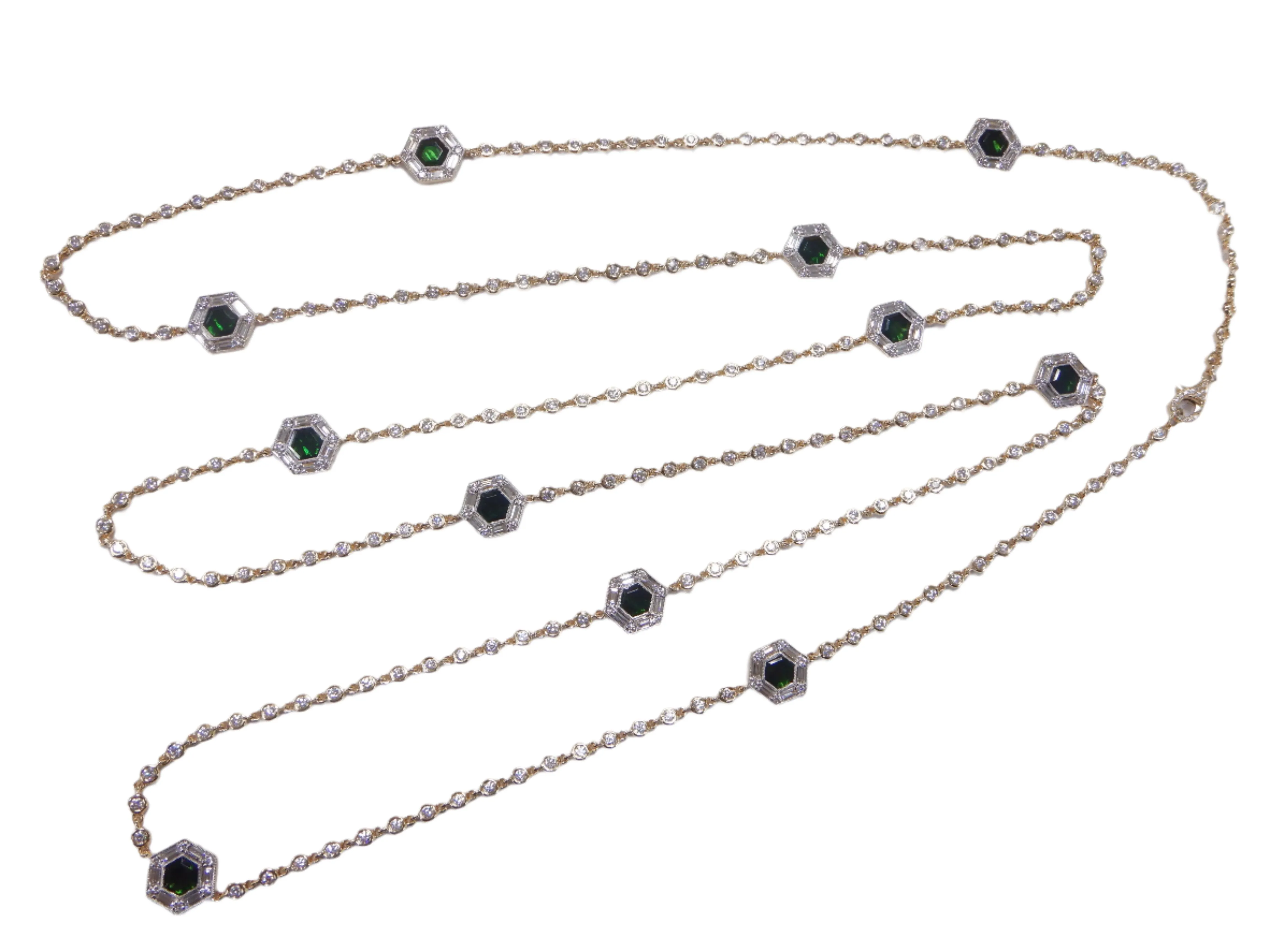 14.22ct tw Gold Diamond By The Yard With Green Tourmaline Accent Stations Statement Necklace