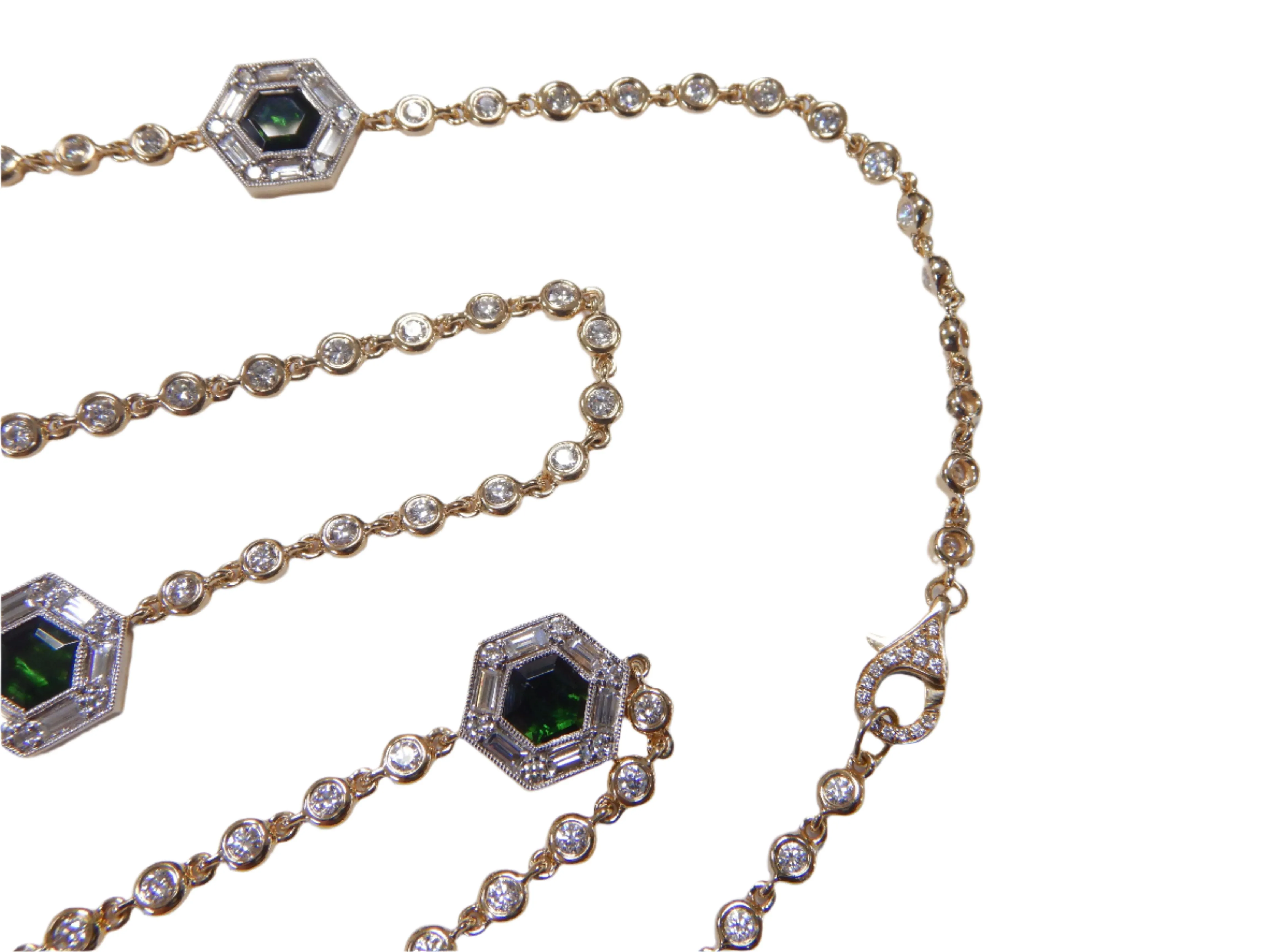 14.22ct tw Gold Diamond By The Yard With Green Tourmaline Accent Stations Statement Necklace