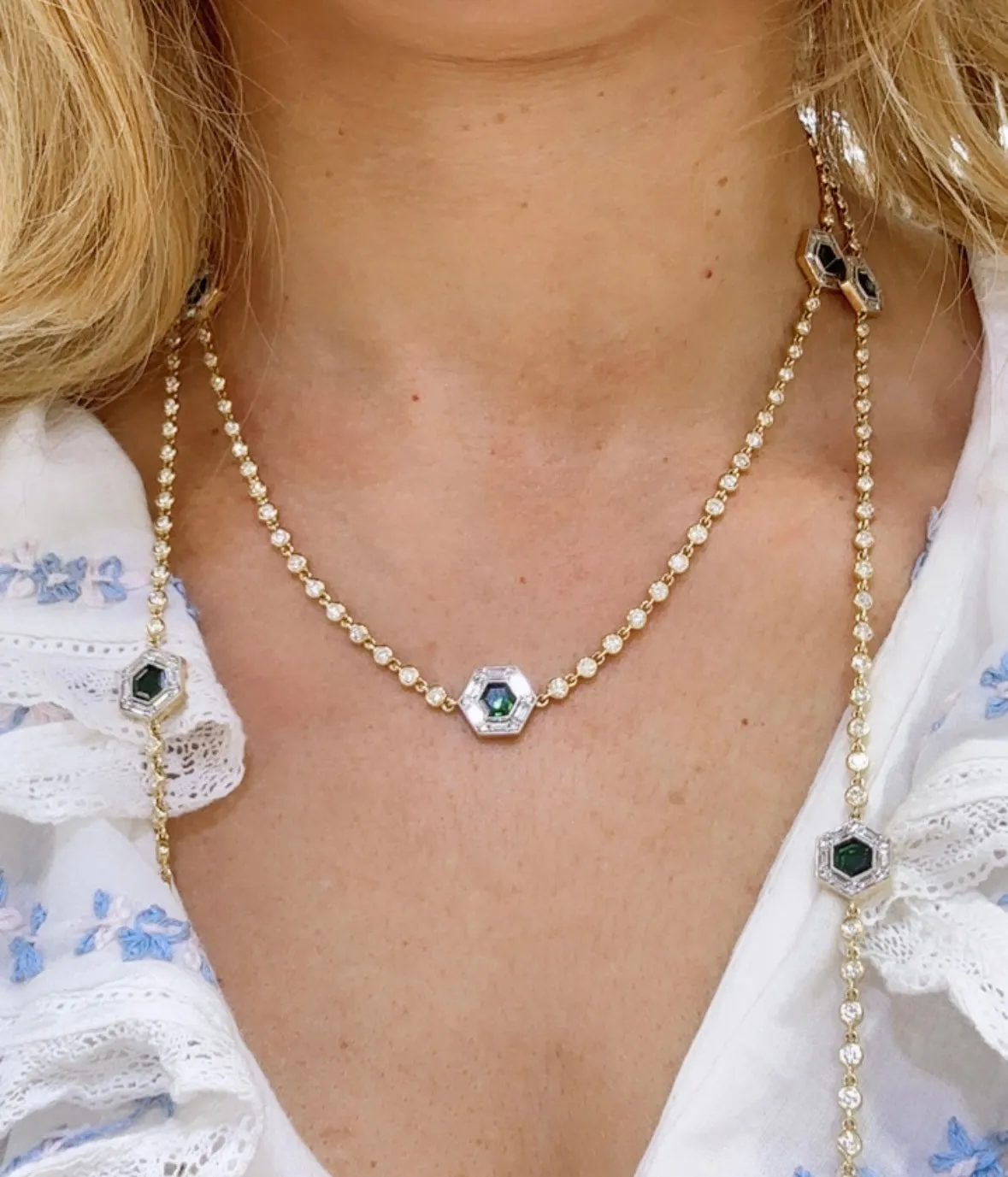14.22ct tw Gold Diamond By The Yard With Green Tourmaline Accent Stations Statement Necklace