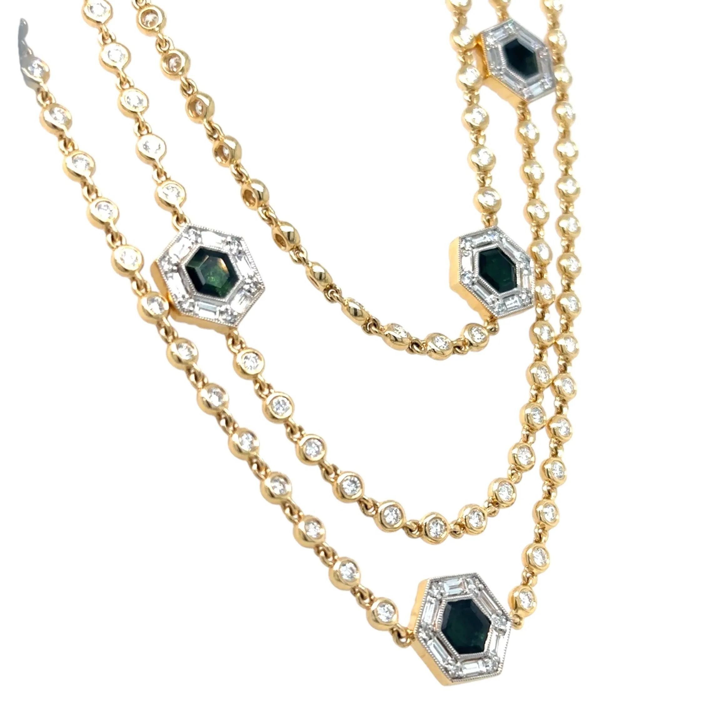 14.22ct tw Gold Diamond By The Yard With Green Tourmaline Accent Stations Statement Necklace
