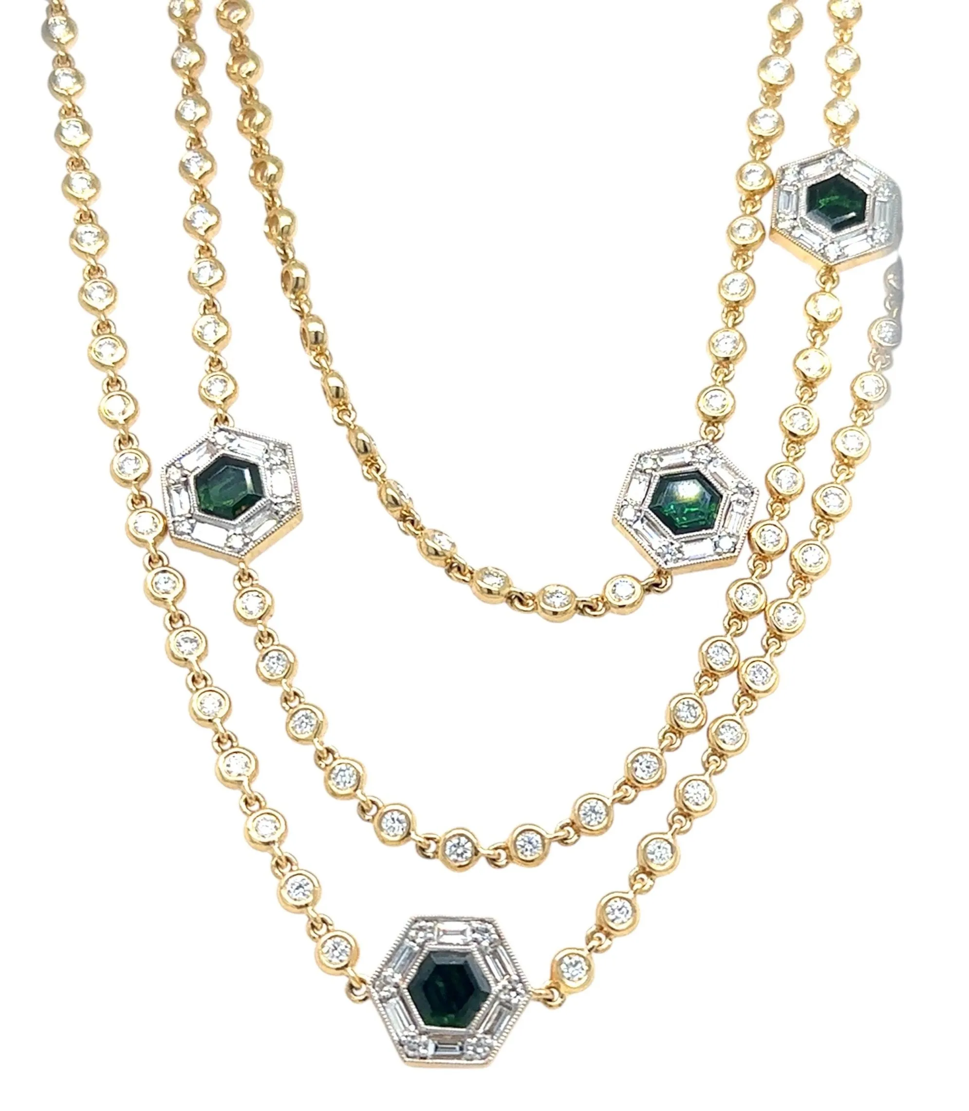 14.22ct tw Gold Diamond By The Yard With Green Tourmaline Accent Stations Statement Necklace
