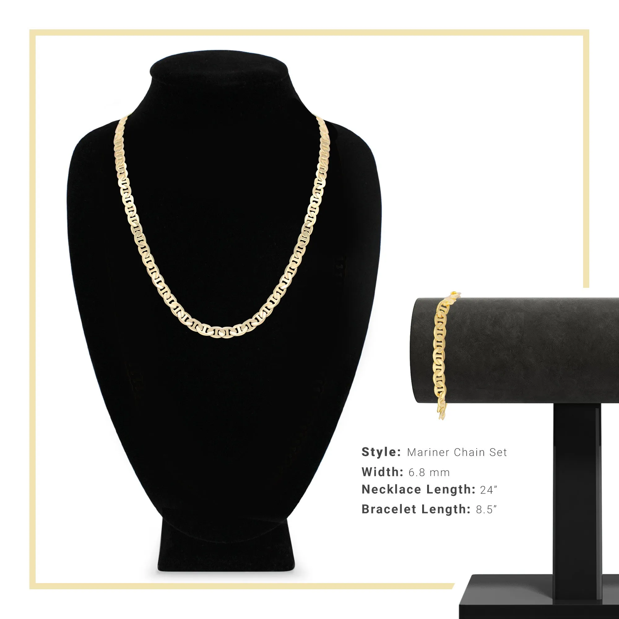 14K Gold Filled Mariner Chain Necklace 24" Bracelet 8.5" Set 6.8 mm