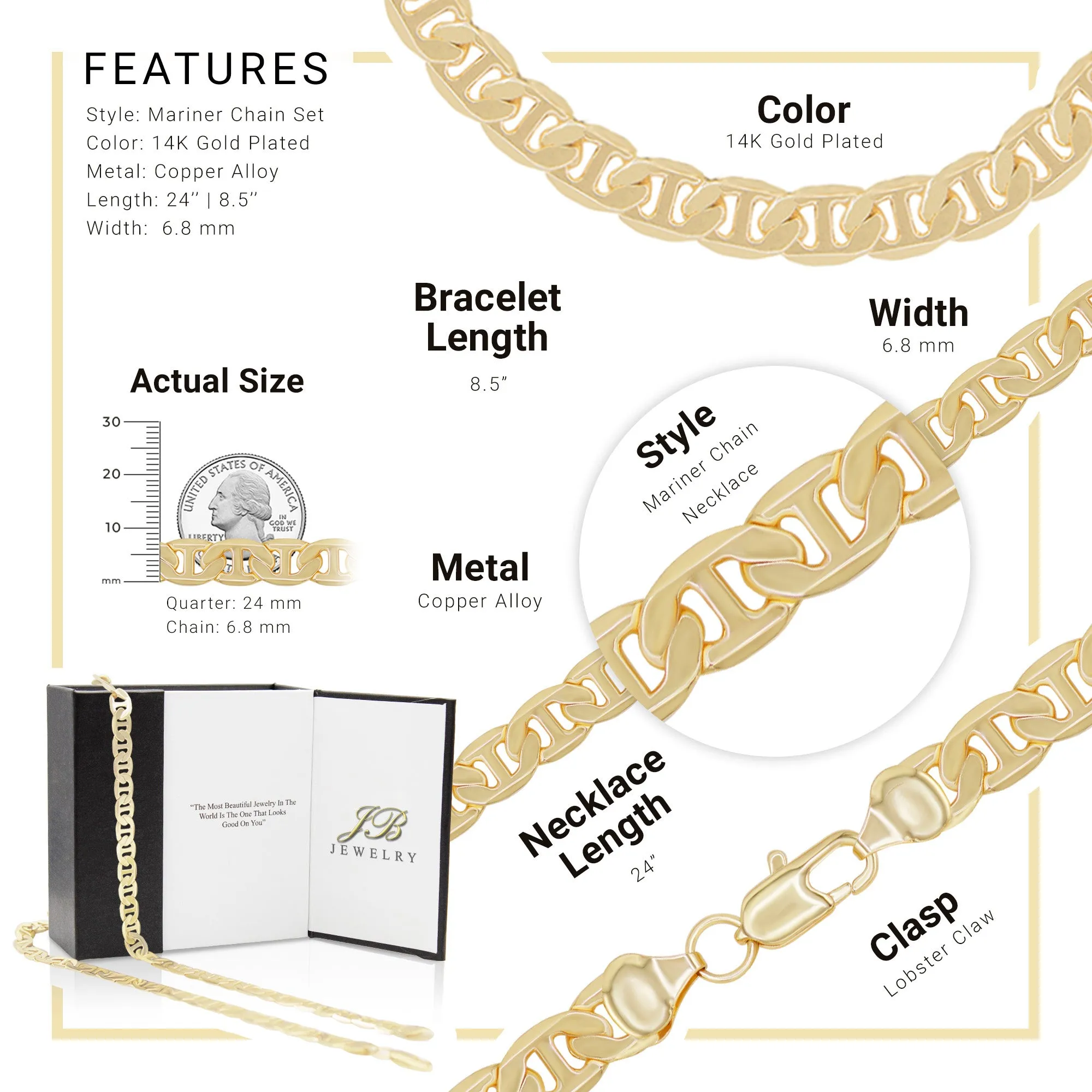 14K Gold Filled Mariner Chain Necklace 24" Bracelet 8.5" Set 6.8 mm