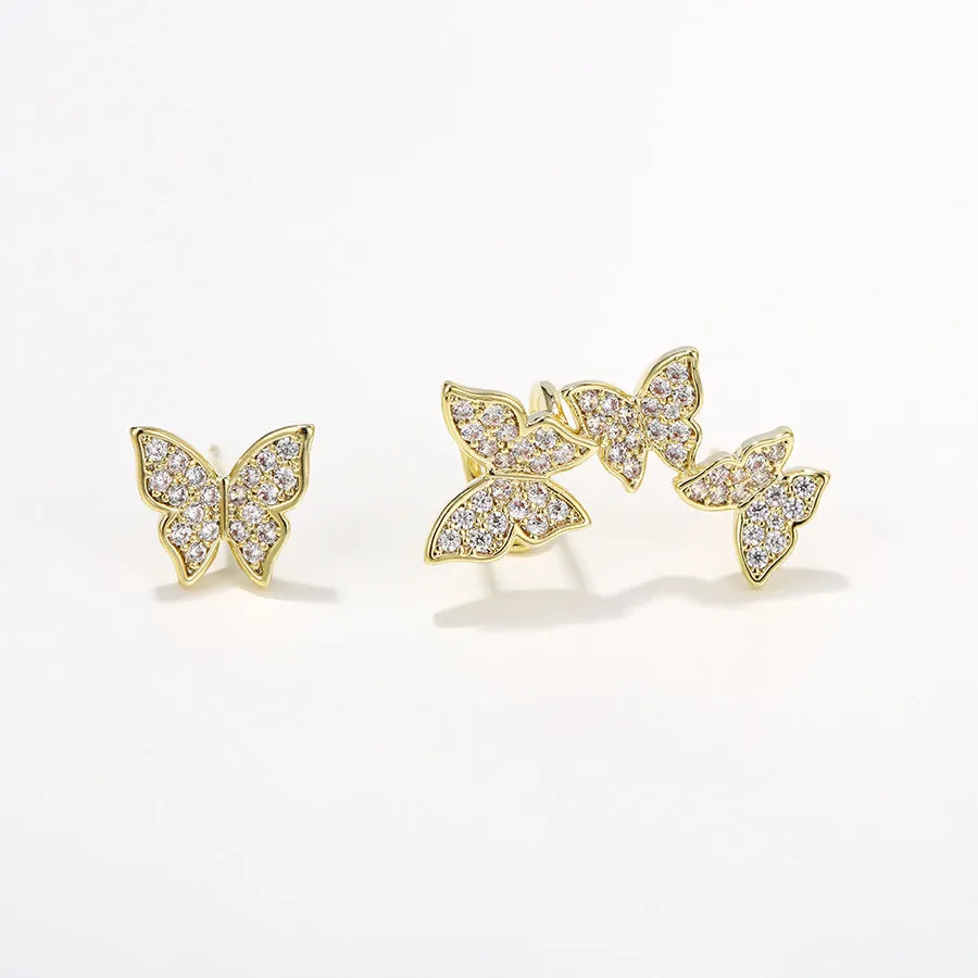 14K Gold Plated CZ Diamond Butterfly Stud Earring With Ear Cuff