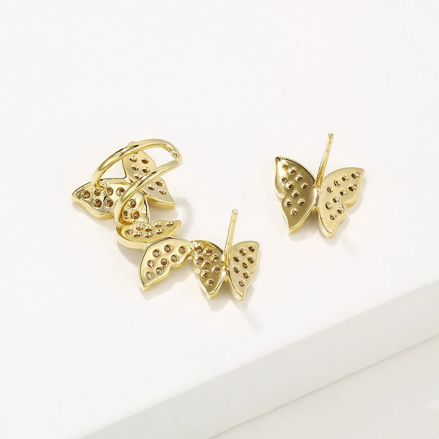14K Gold Plated CZ Diamond Butterfly Stud Earring With Ear Cuff