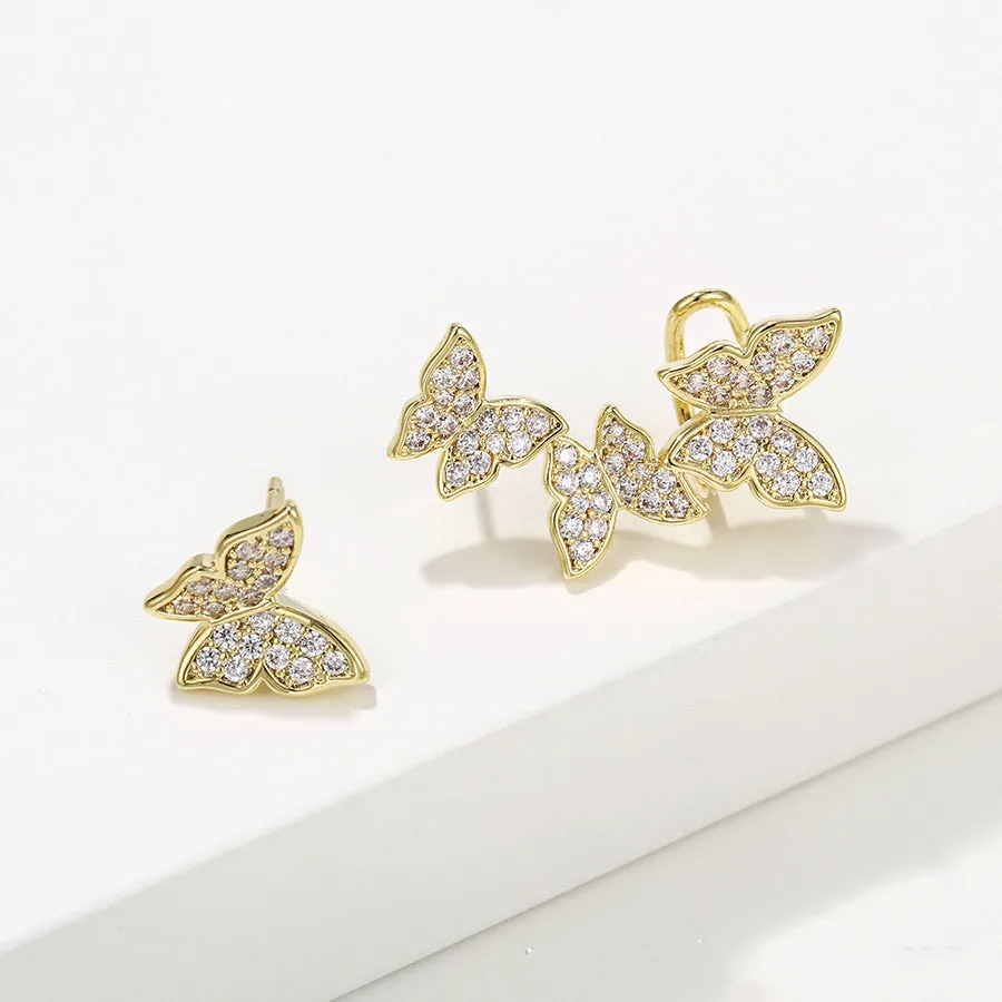 14K Gold Plated CZ Diamond Butterfly Stud Earring With Ear Cuff