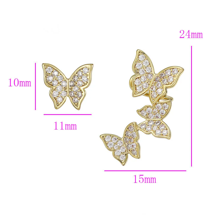 14K Gold Plated CZ Diamond Butterfly Stud Earring With Ear Cuff