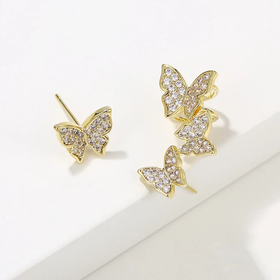 14K Gold Plated CZ Diamond Butterfly Stud Earring With Ear Cuff