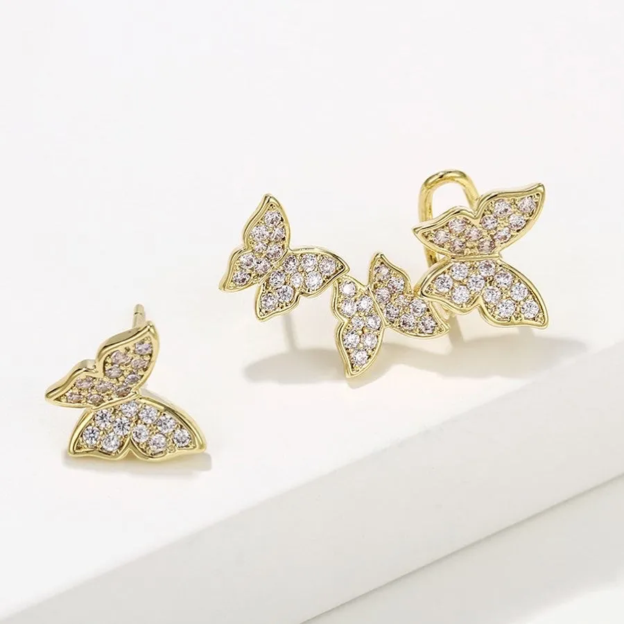 14K Gold Plated CZ Diamond Butterfly Stud Earring With Ear Cuff