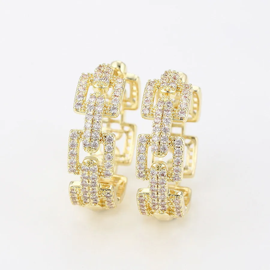 14K Gold Plated Cz Diamond Chain Hoop Earring