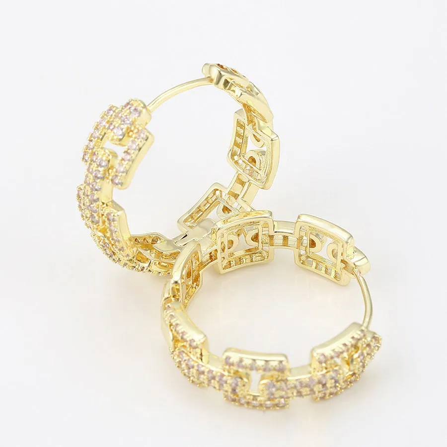 14K Gold Plated Cz Diamond Chain Hoop Earring