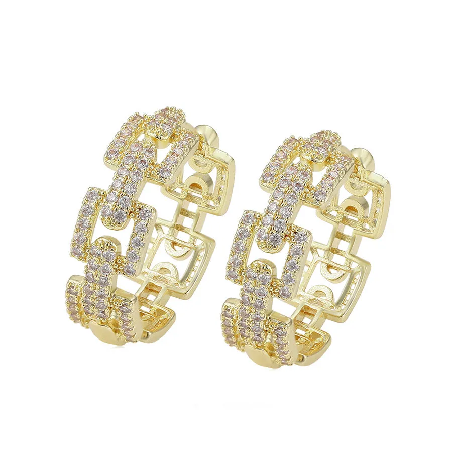 14K Gold Plated Cz Diamond Chain Hoop Earring