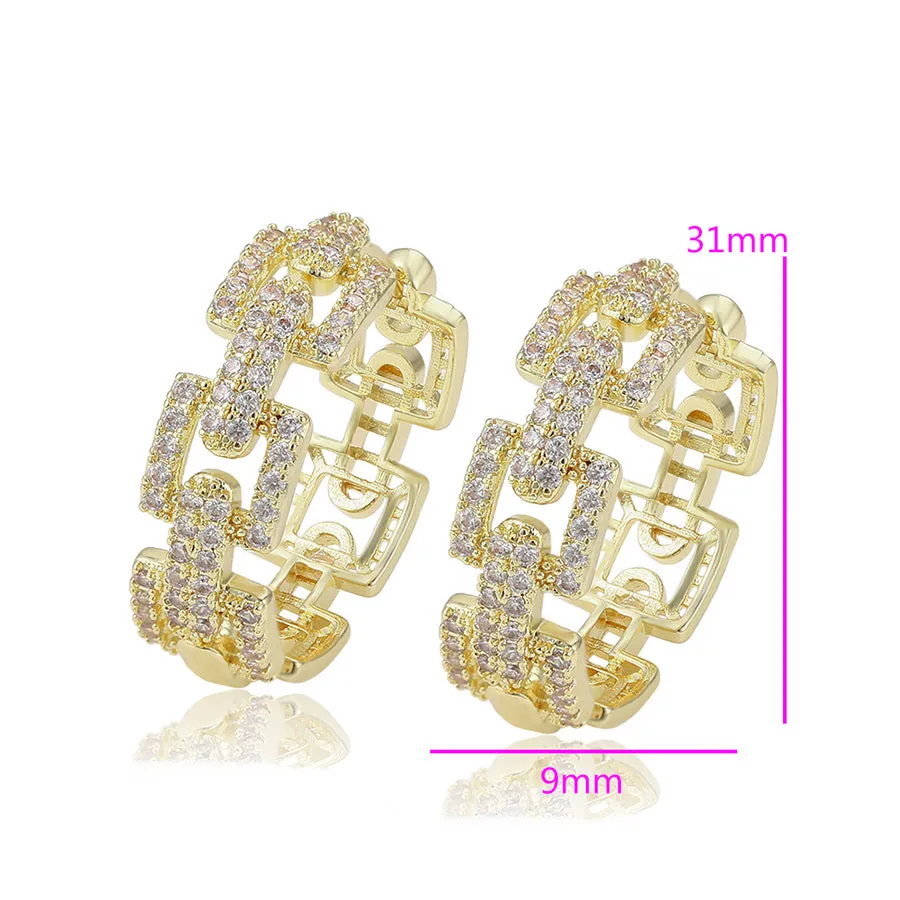 14K Gold Plated Cz Diamond Chain Hoop Earring