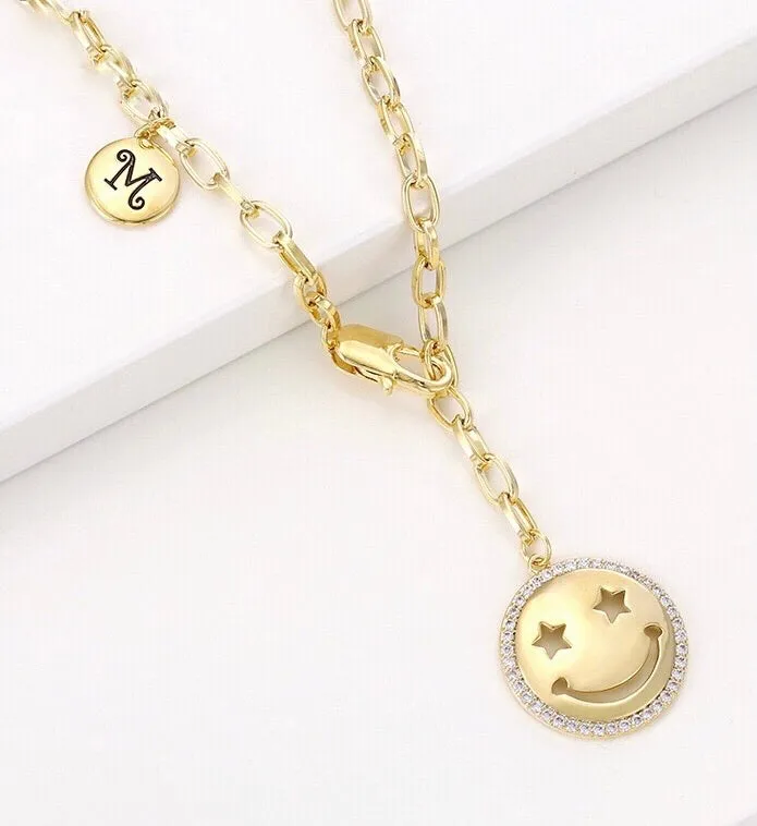 14K Gold Plated CZ Diamond Smile Emoji & Initial M necklace