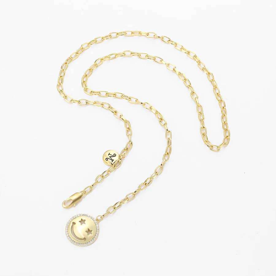 14K Gold Plated CZ Diamond Smile Emoji & Initial M necklace