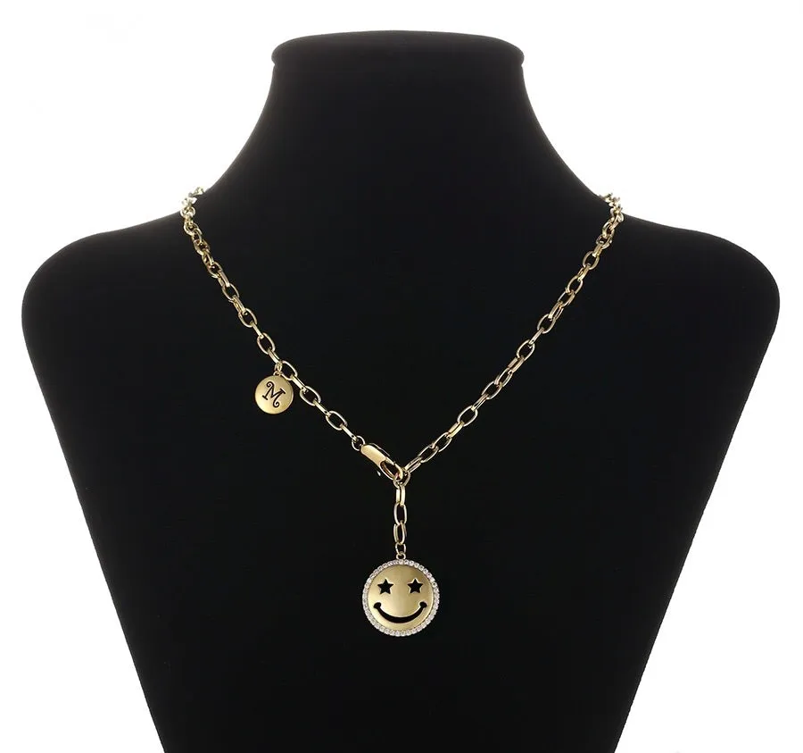 14K Gold Plated CZ Diamond Smile Emoji & Initial M necklace