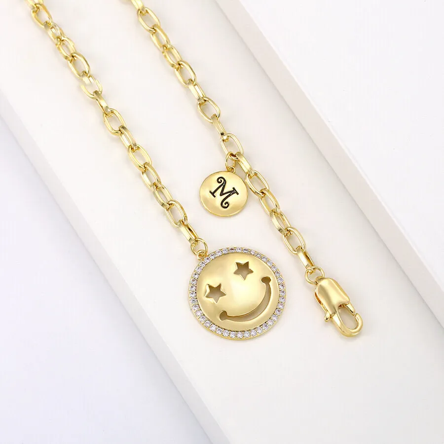 14K Gold Plated CZ Diamond Smile Emoji & Initial M necklace