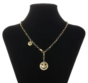 14K Gold Plated CZ Diamond Smile Emoji & Initial M necklace