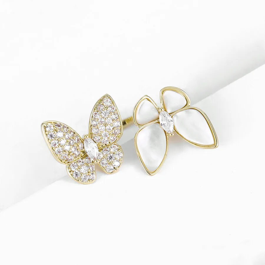 14k Gold Plated Diamond & pearl Moonlight Butterfly Ring